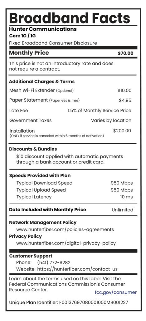 1G Core Hunter Fiber Broadband Label