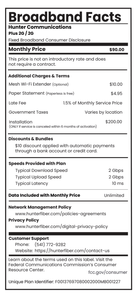 2G Plus Hunter Fiber Broadband Label