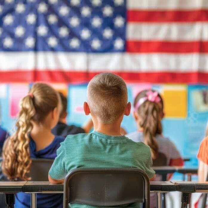 30051142 90 Classroom discussion about the significance of Independence Day, American flag prominently displayed, students participating actively Captured from a medium angle, vibrant colors with space for text, ideal for educational content --ar 7:3 --style raw Job ID: f0d8c879-6dcb-4e23-9e96-e5658b041cf6