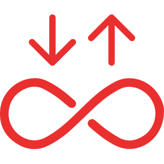 Red infinity symbol with upward and downward arrows on gray background